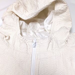 CJBanks 2X Spring jacket full zip up beige seersucker pinstripe with hood, lined